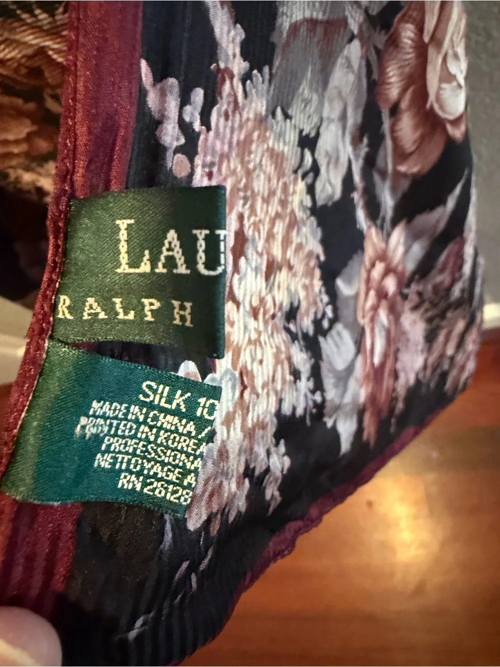Lauren Ralph Lauren 100% Silk Scarf 30x32 Black Burgundy Floral Vintage